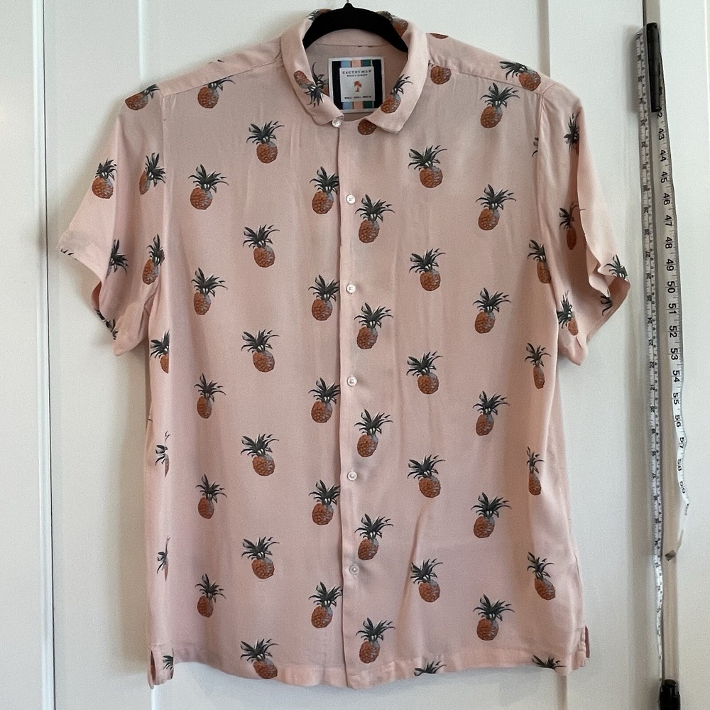 Cactus Man Ricky Singh Mens Large Cotton Short Sleeve Shirt Pineapple Pink Aloha - Picture 2 of 13